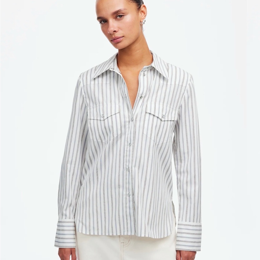 Madewell White and Gray Striped Button Down Shirt